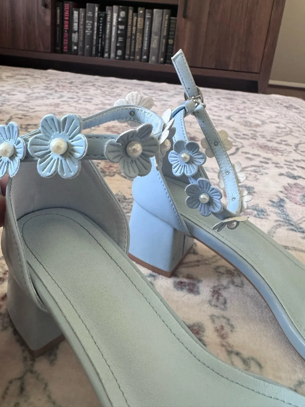 Light Blue Floral Pearl Ankle-Strap Block Heels